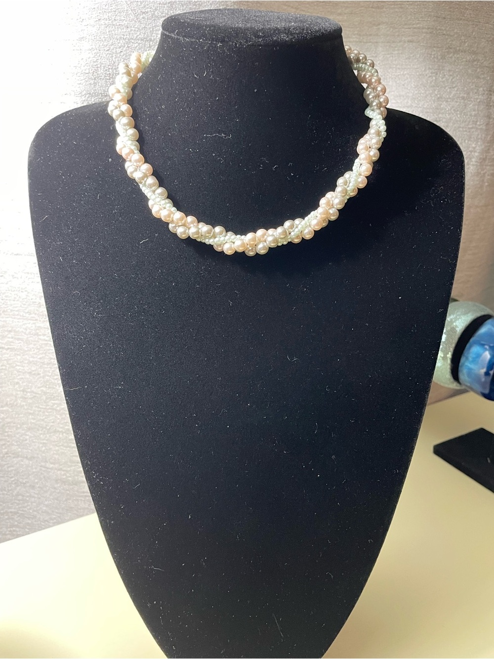 Twisted Pearl Necklace in Light Blue and  Pale Pink